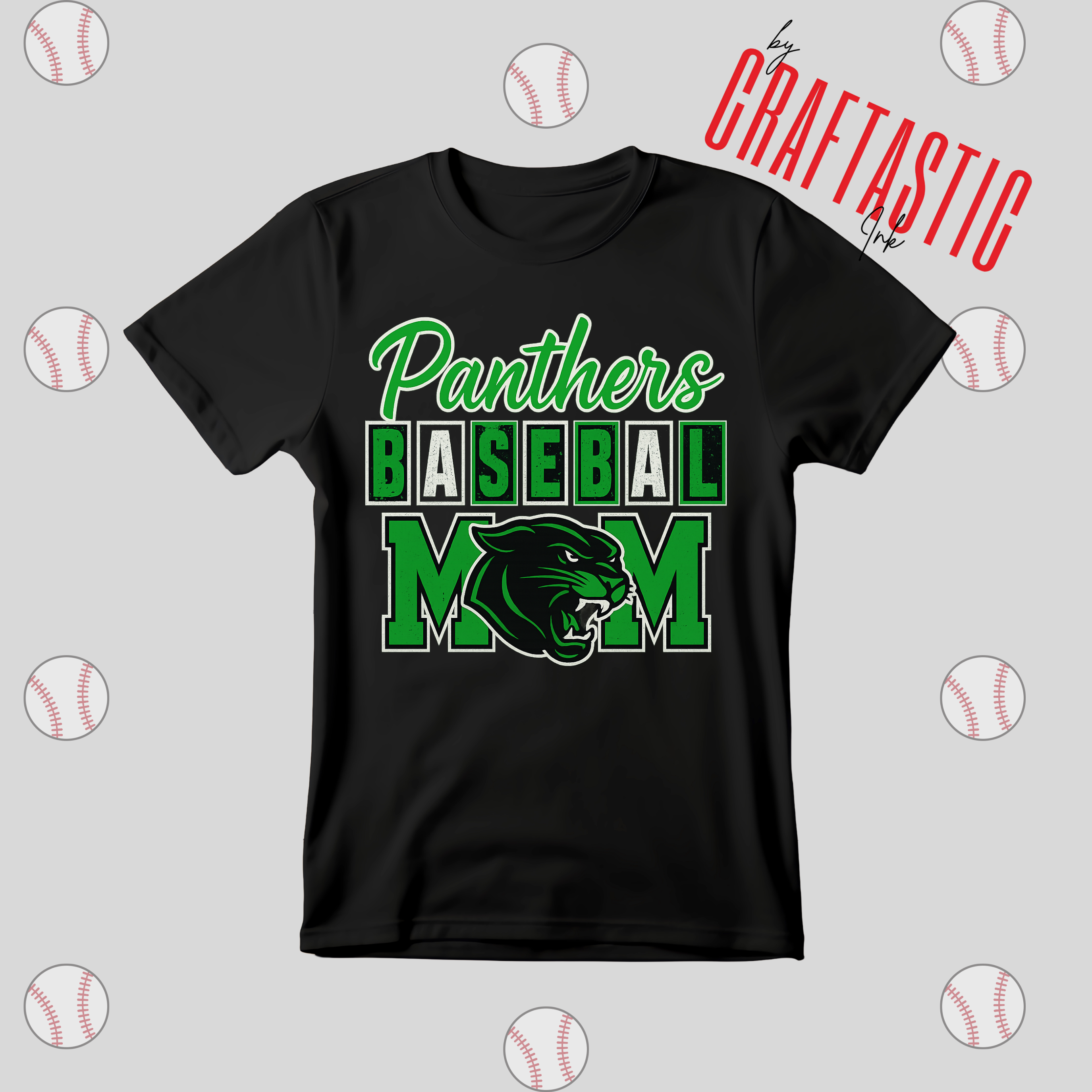 Panthers Baseball Mom shirt in green and black with panther mascot