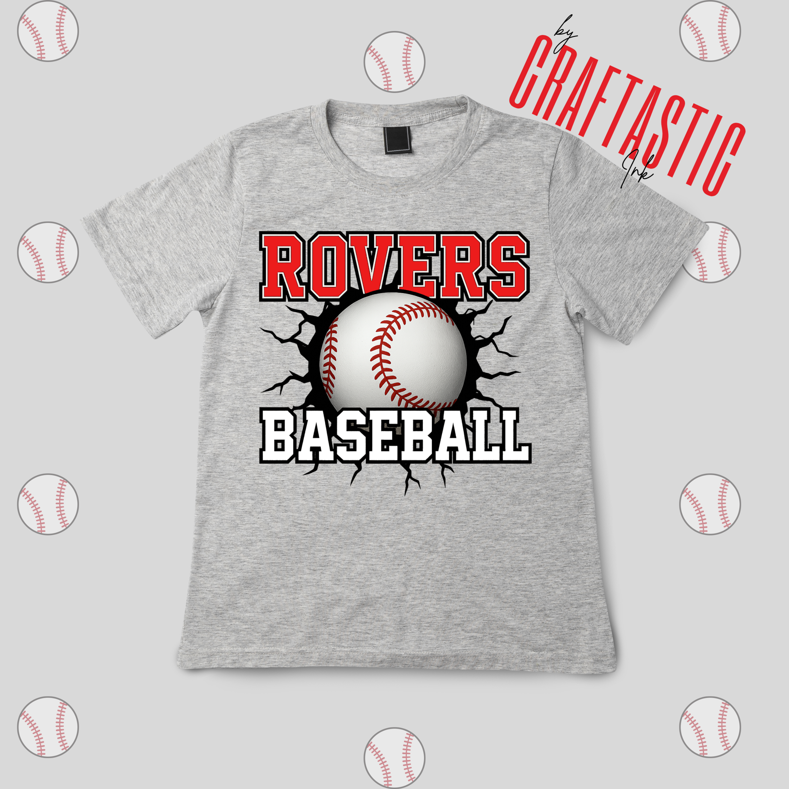 Rovers Baseball shirt with cracked baseball graphic – red and gray