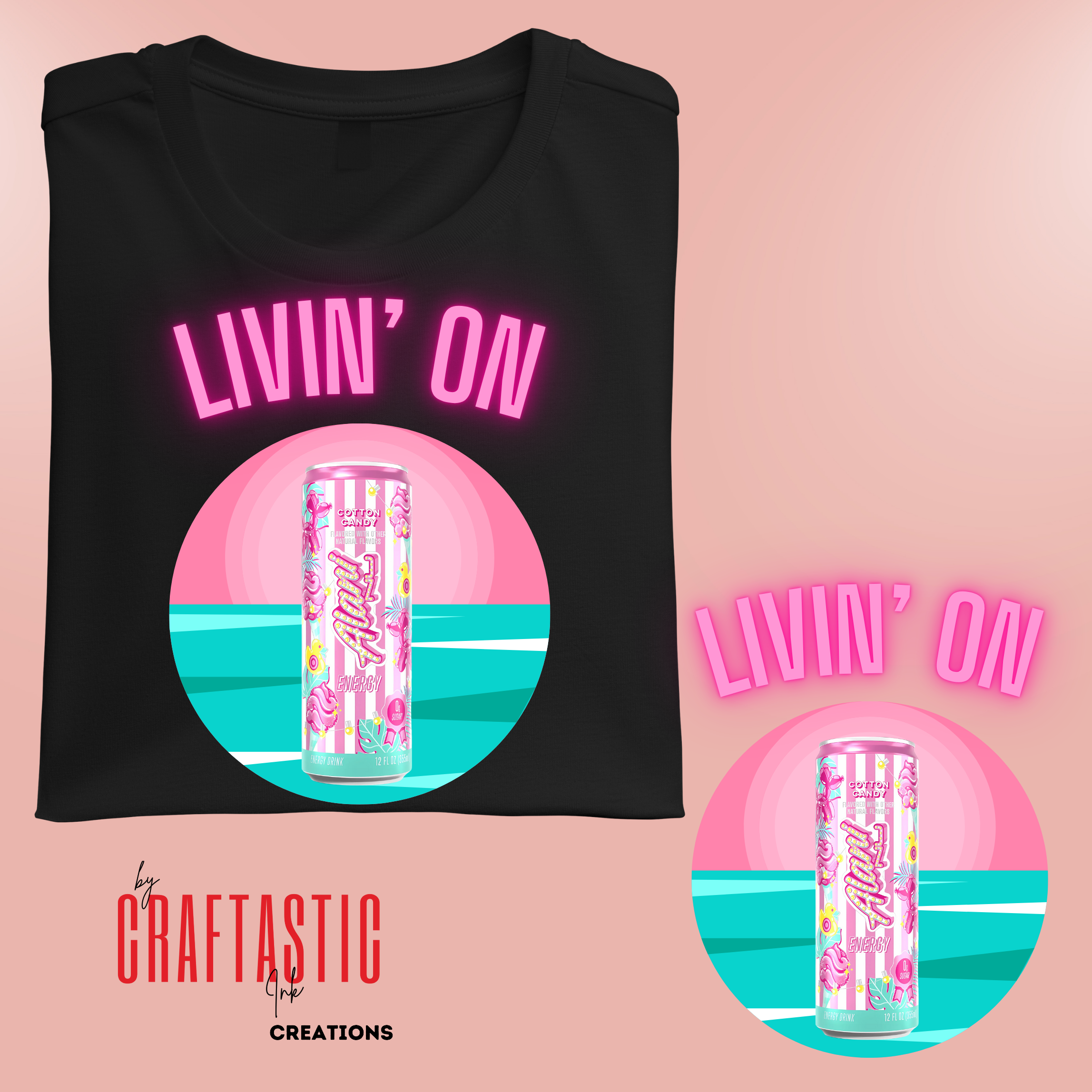 Livin’ On Cotton Candy Alani energy drink PNG design with palm trees and cotton candy, vibrant pastel summer digital art for sublimation or t-shirts