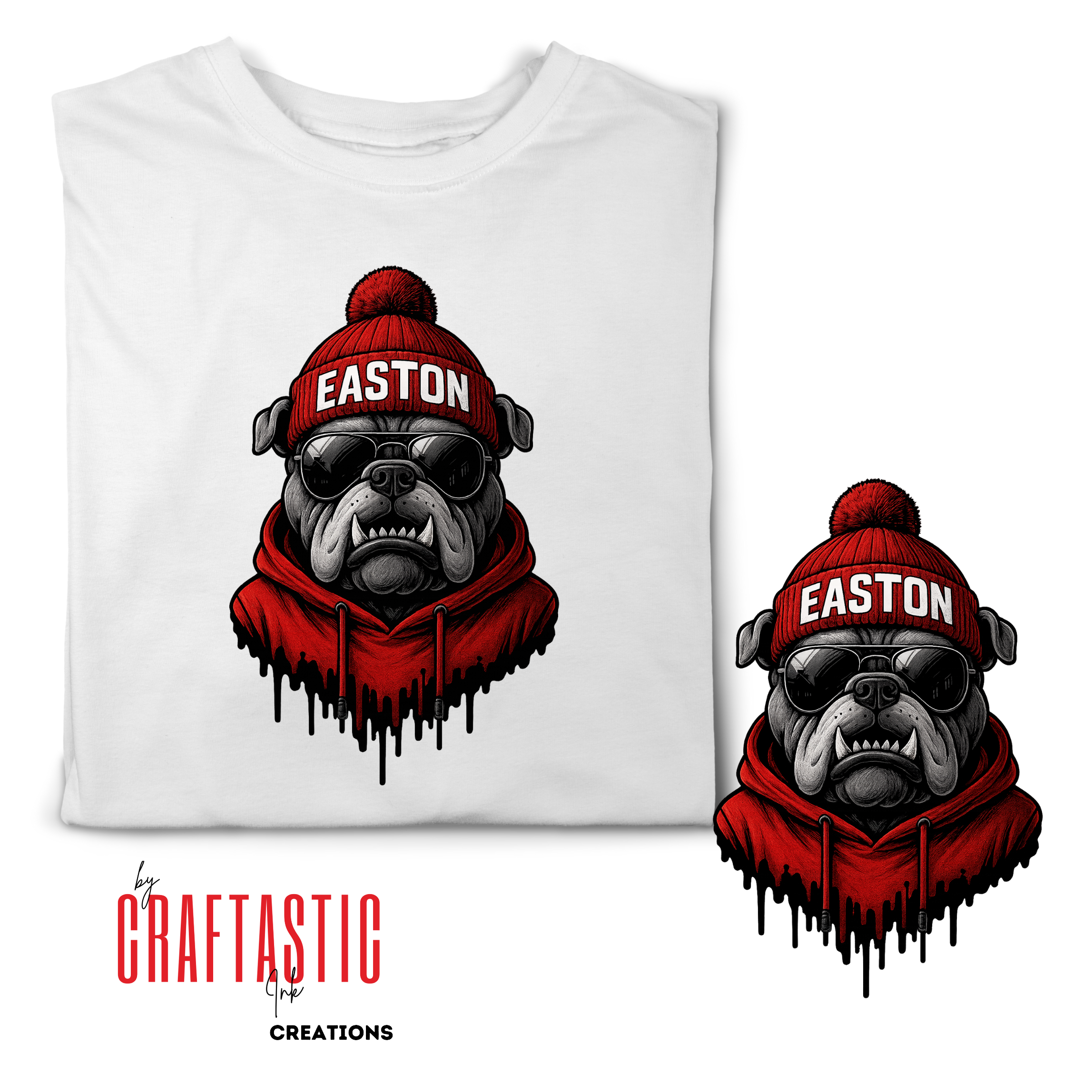Easton bulldog mascot wearing red beanie and hoodie, sharp teeth, sunglasses, black and white streetwear style, transparent background PNG