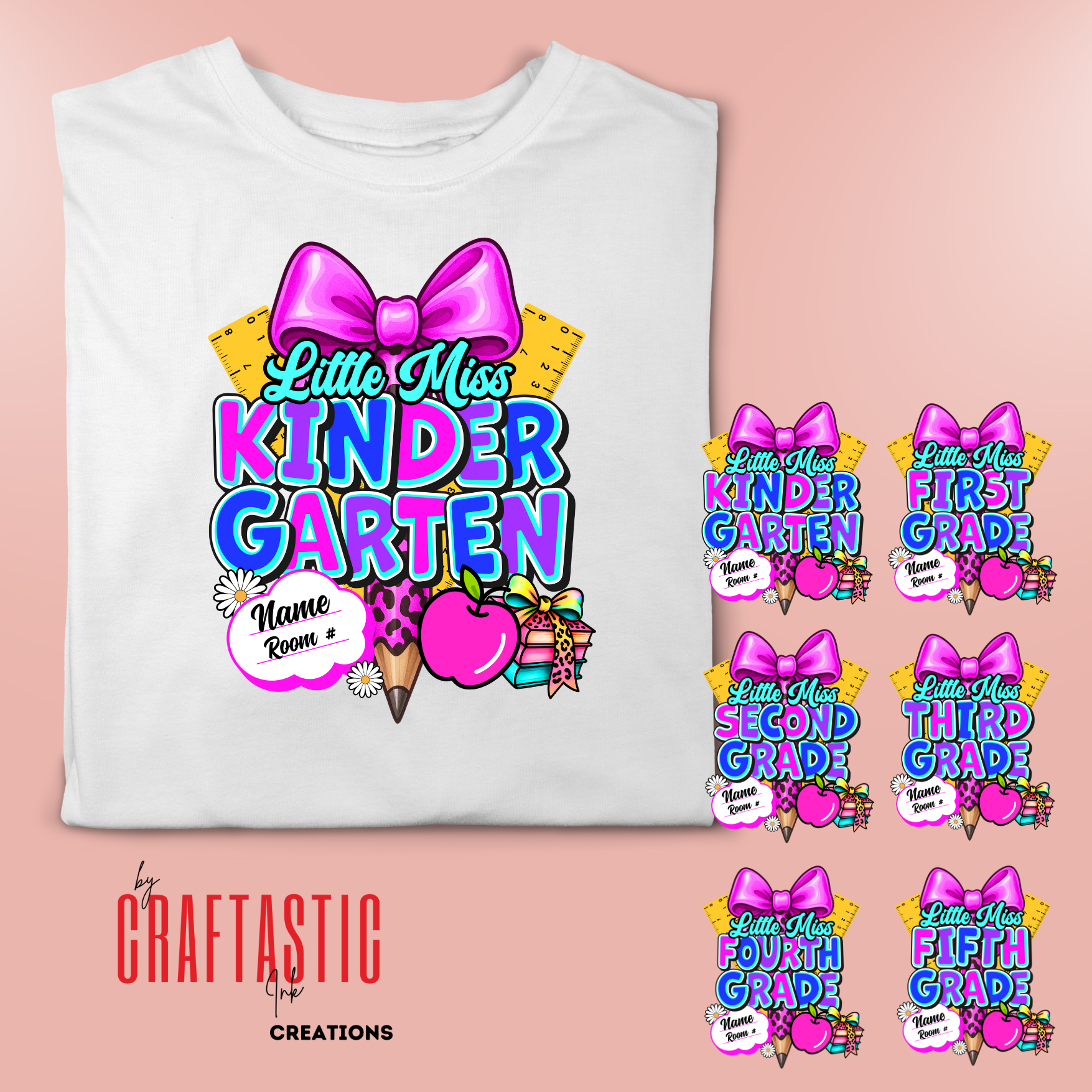 “Little Miss back-to-school custom shirts for Kindergarten through 5th Grade with bright designs, pink bows, apples, pencils, and name personalization”