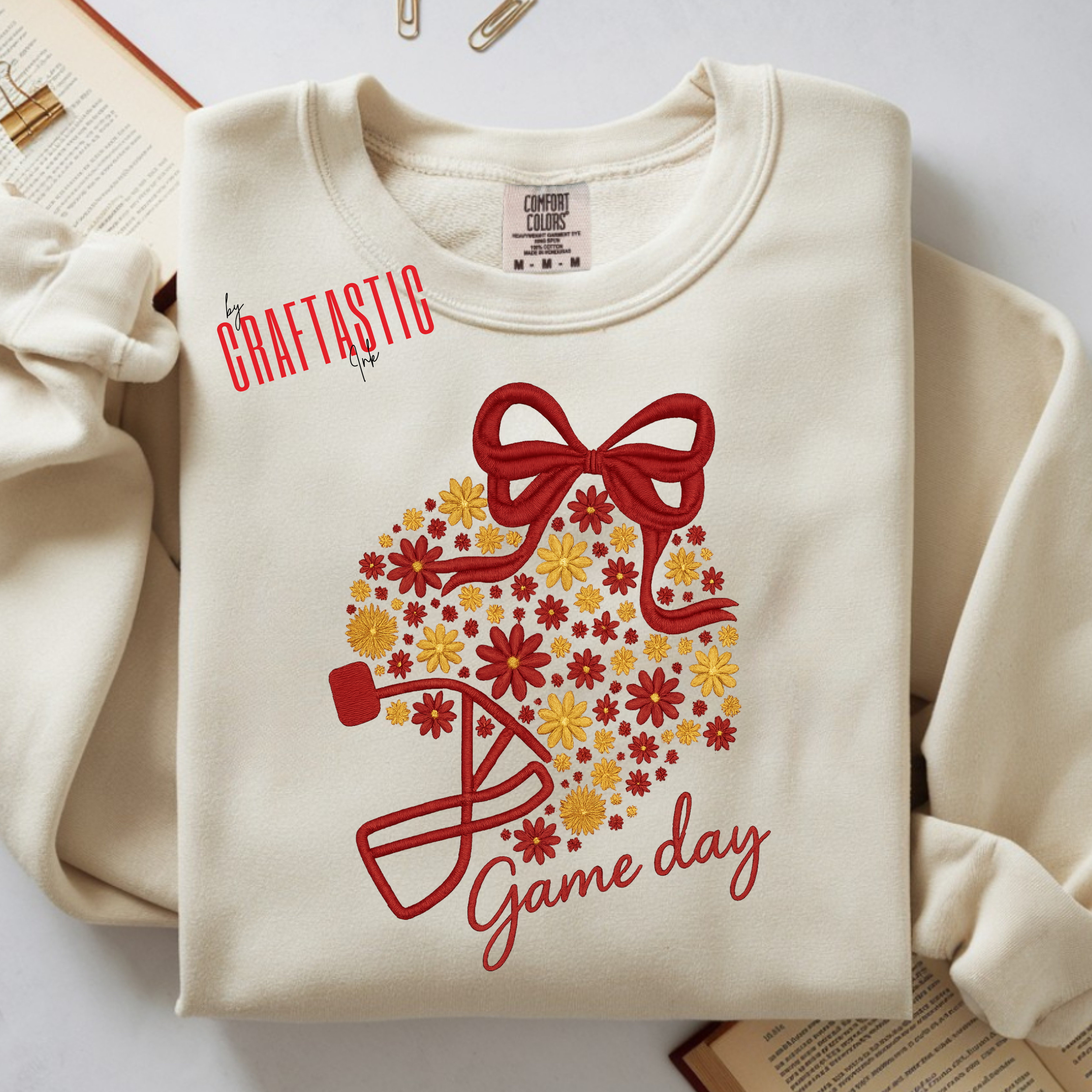 Gold and maroon Game Day sweatshirt with floral football helmet – Falcons pride crewneck”