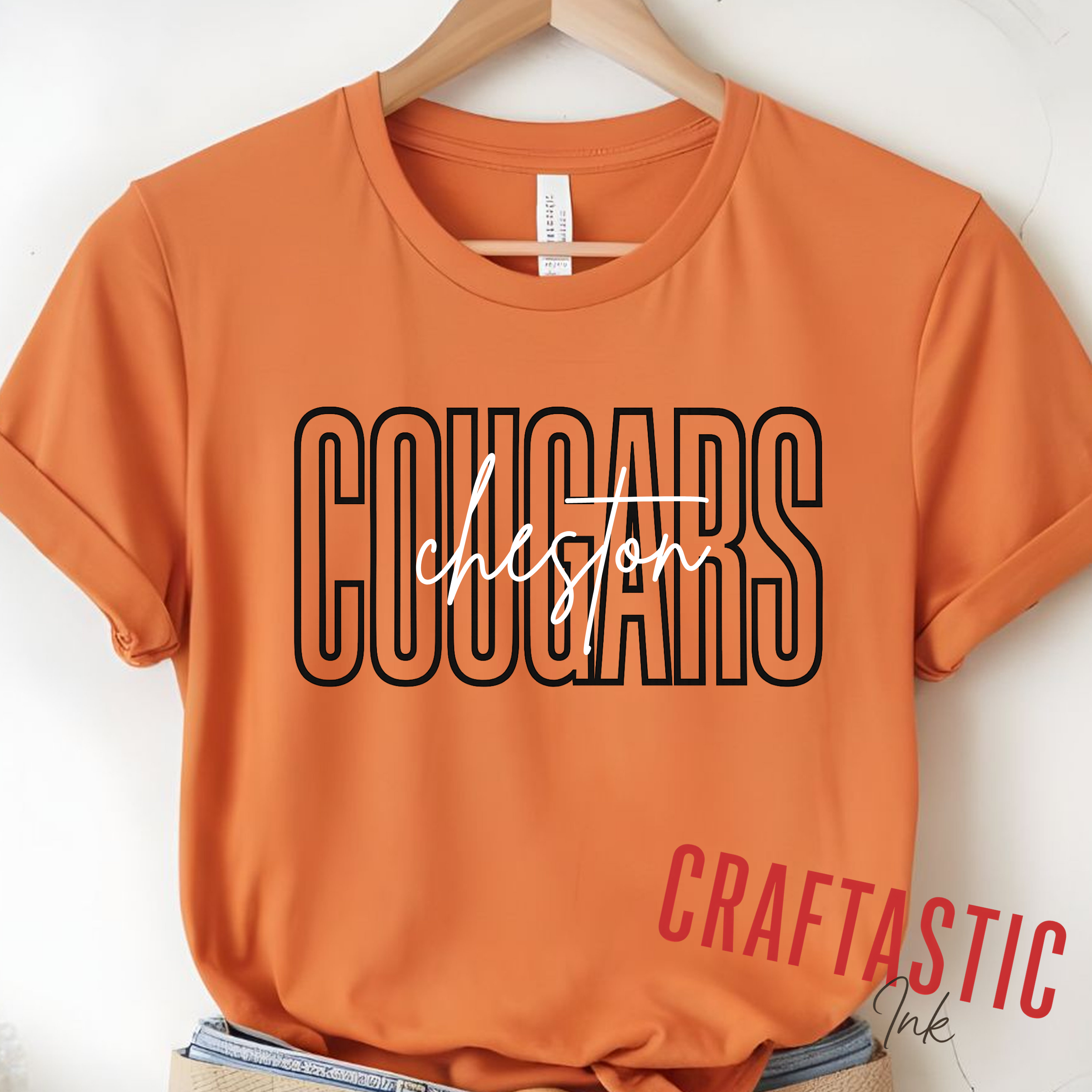 Custom Cougars stacked text spirit shirt in orange