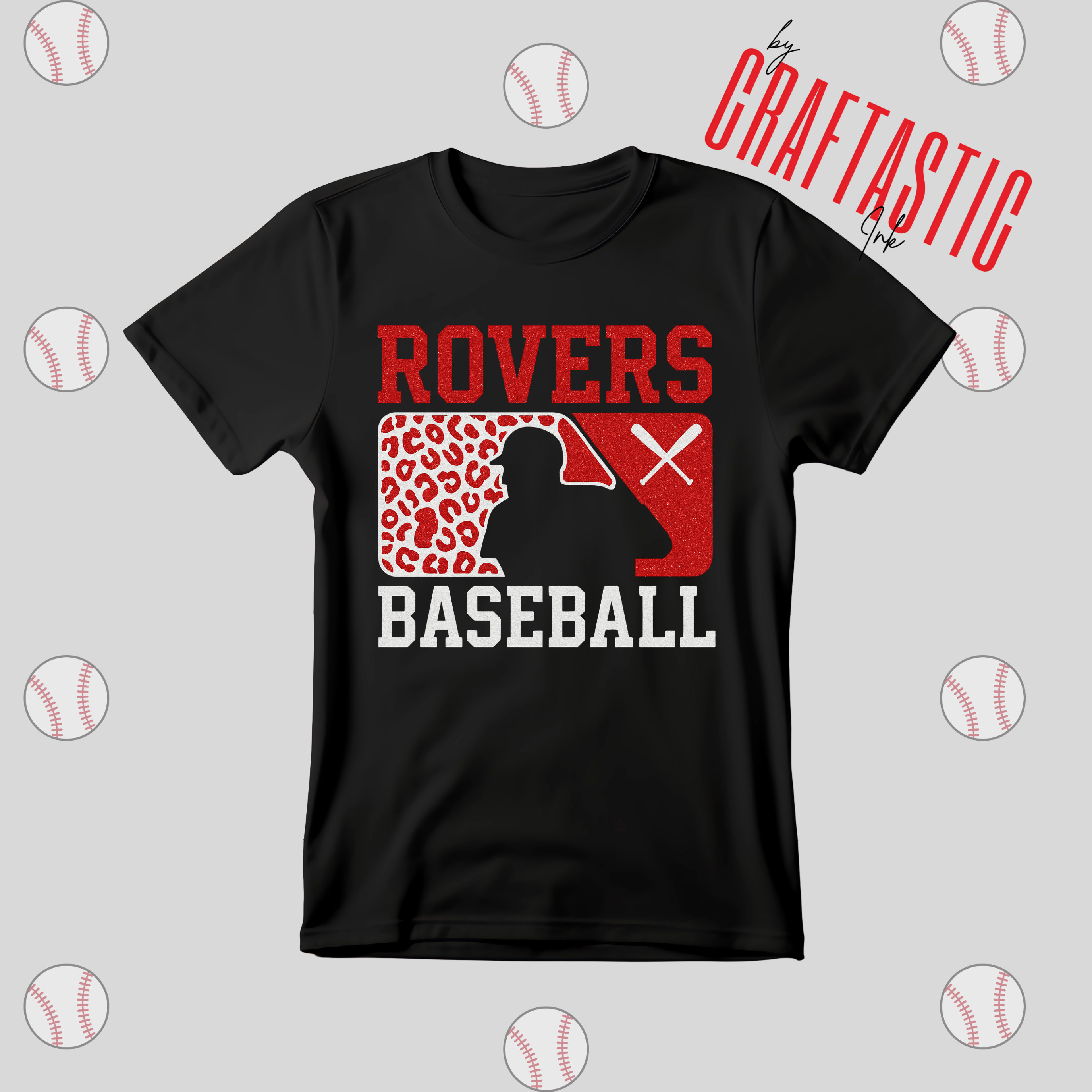 Custom Rovers Baseball shirt with red and white leopard print design