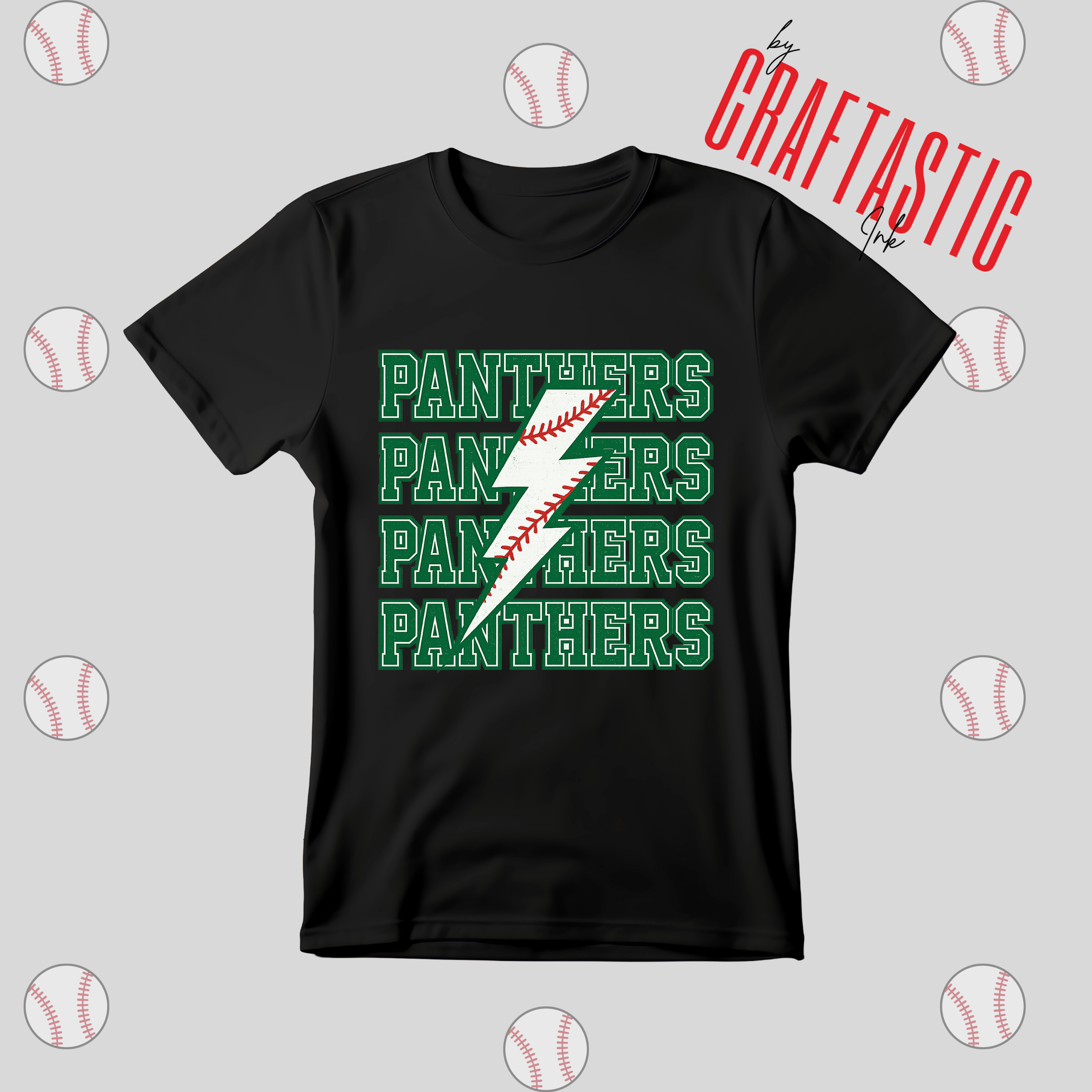 Panthers Baseball lightning bolt design shirt – green varsity style
