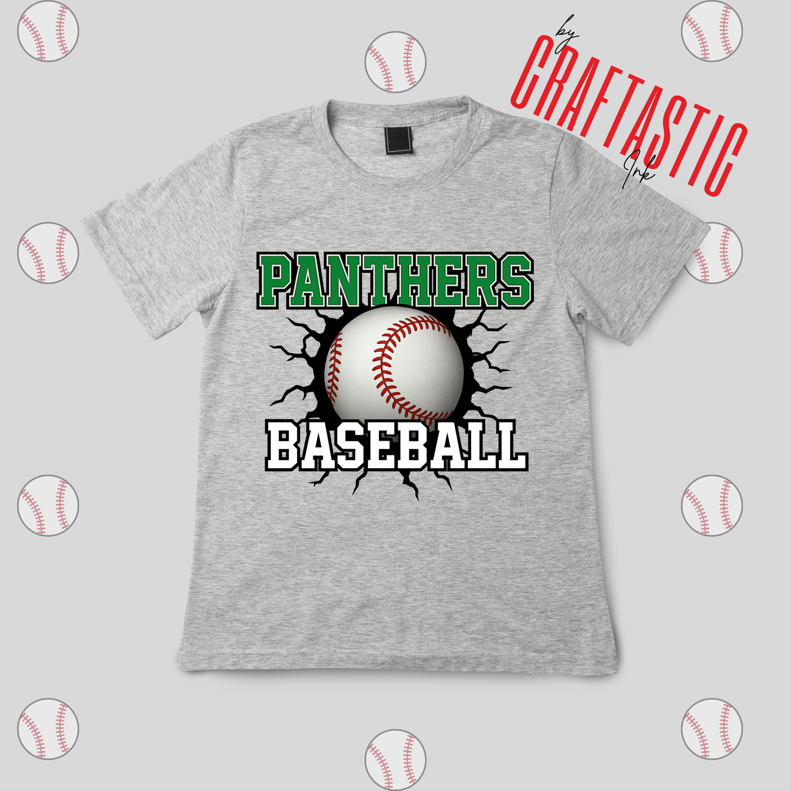 Panthers Baseball shirt with cracked baseball graphic – Green and gray