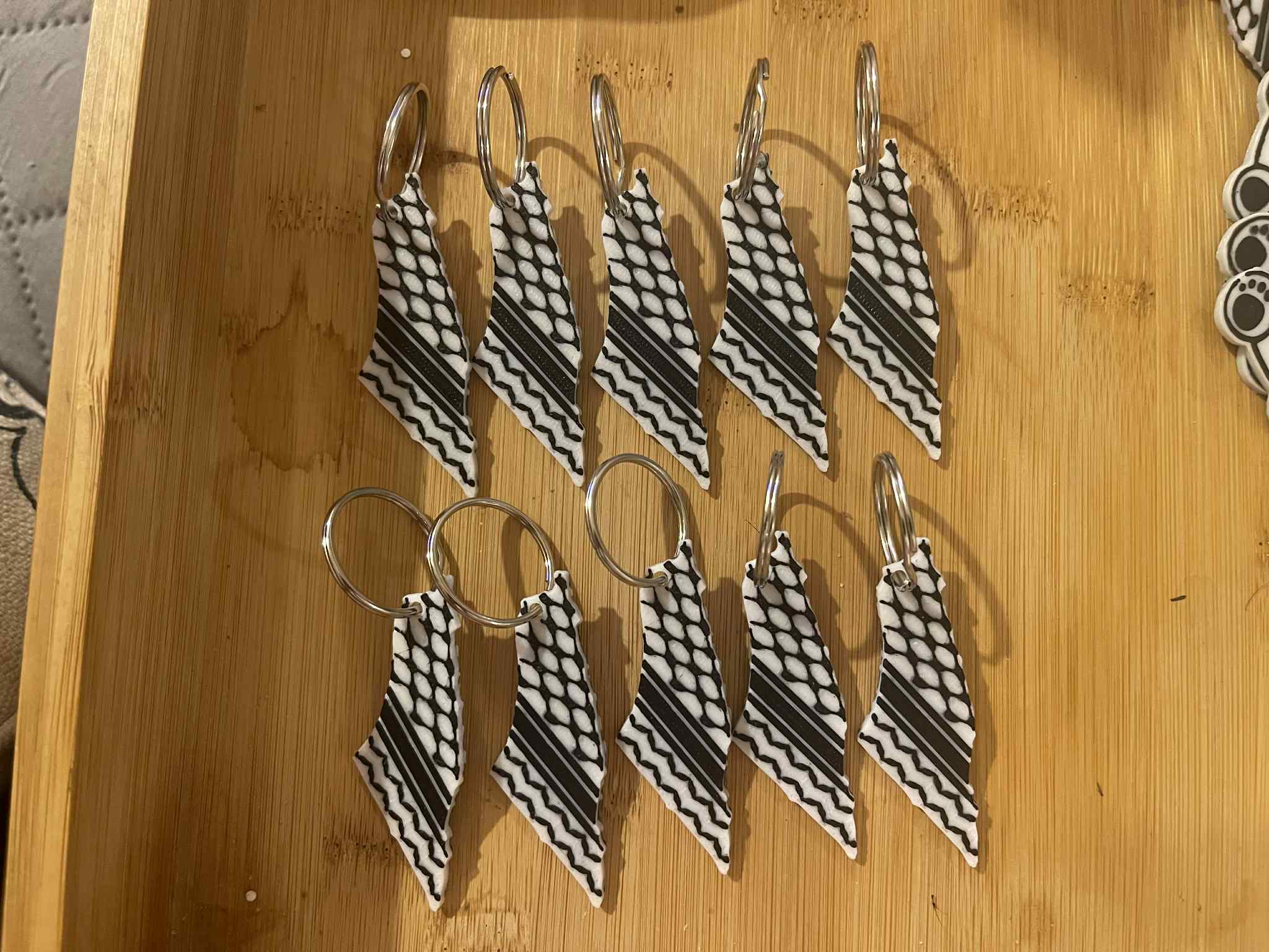 “Kuffiyeh pattern keychains packaged with thank you tags on wooden surface.”

“Set of Palestinian-inspired black and white woven fabric keyrings.”

“Cultural kuffiyeh keychain with metal loop symbolizing solidarity and heritage.”