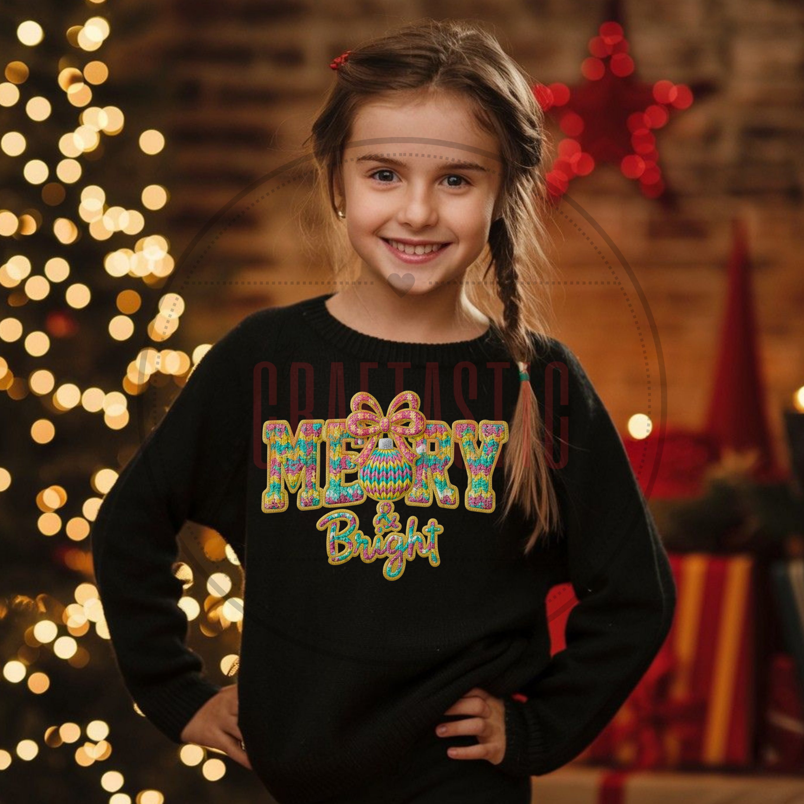 Merry & Bright Coquette Christmas Sweatshirt | Faux Yarn PNG Digital Download