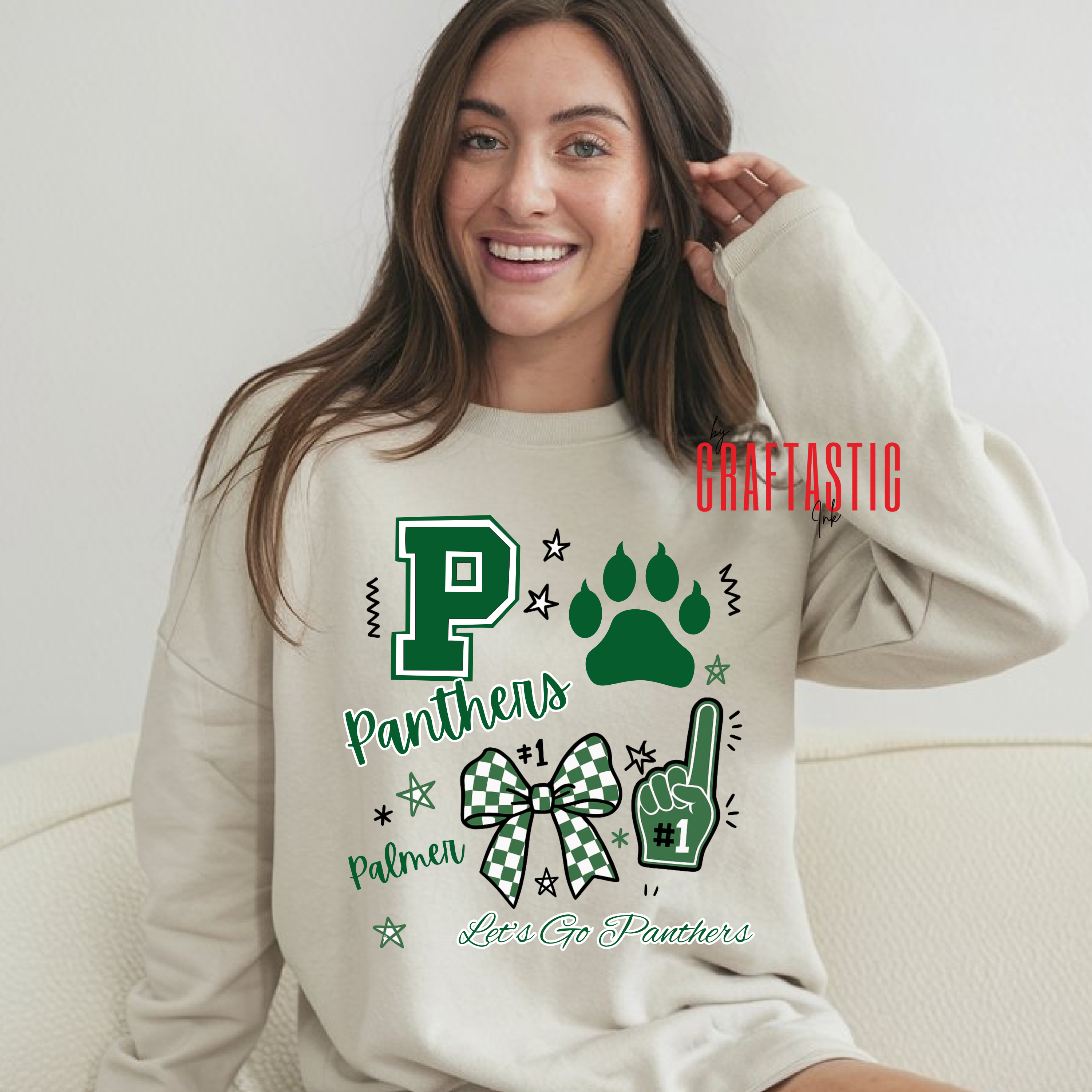 Palmer Panthers School Spirit Shirt with Green Varsity Letter P and Paw Print
