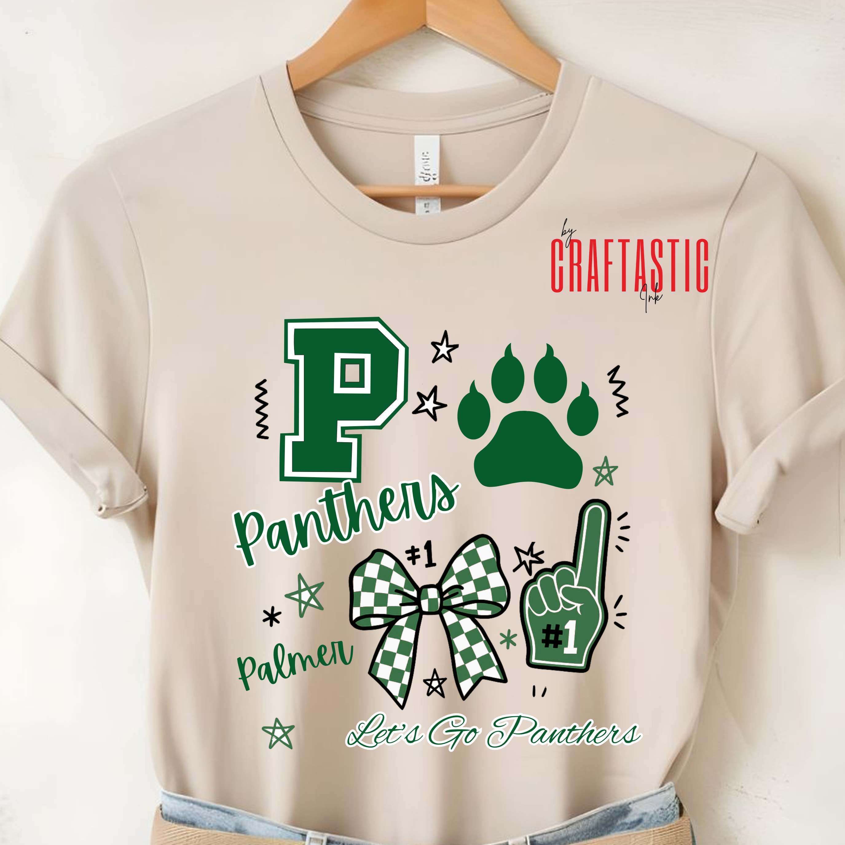 Palmer Panthers School Spirit Shirt with Green Varsity Letter P and Paw Print