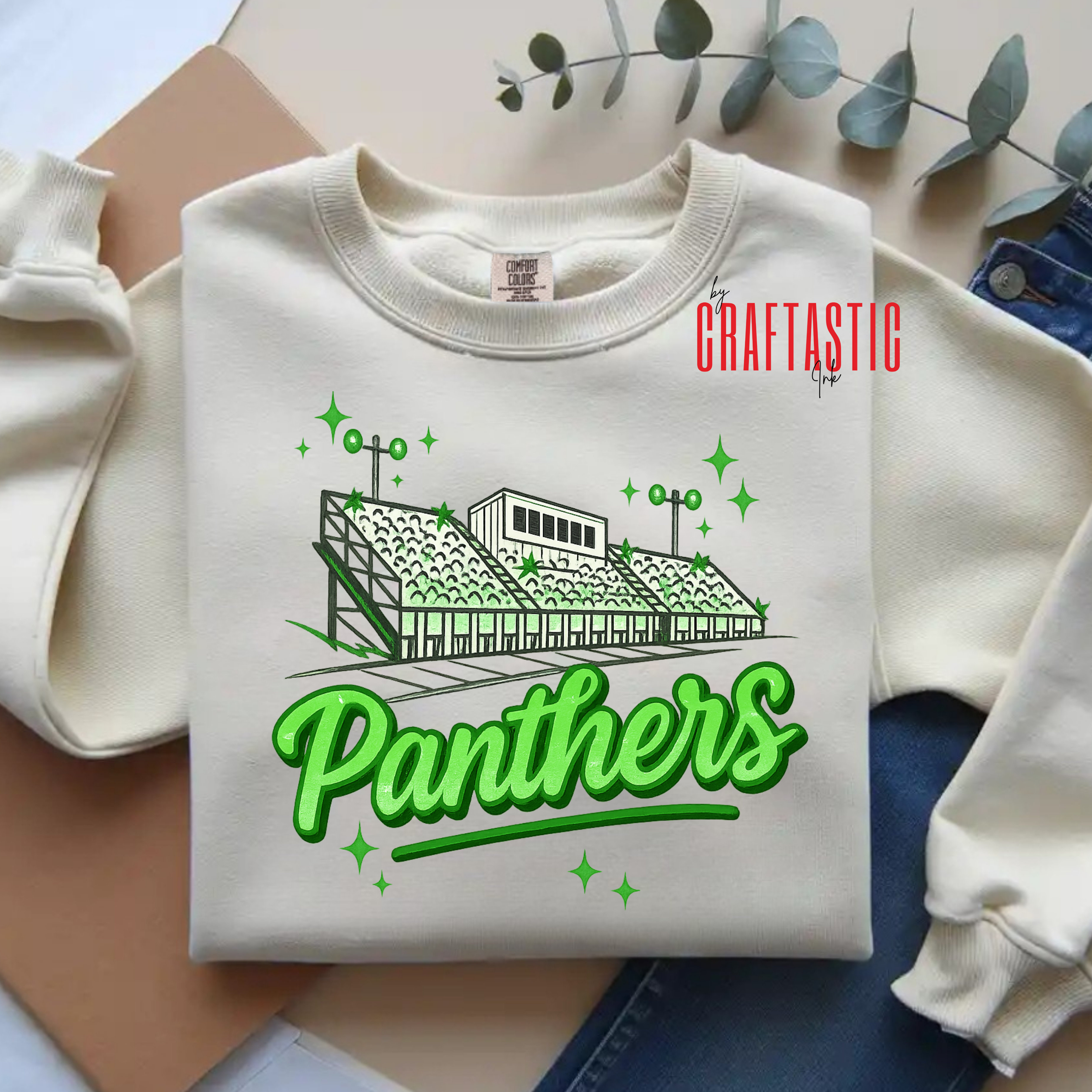 “Custom Stadium Spirit Shirt with Green Panther Mascot and Stadium Graphic