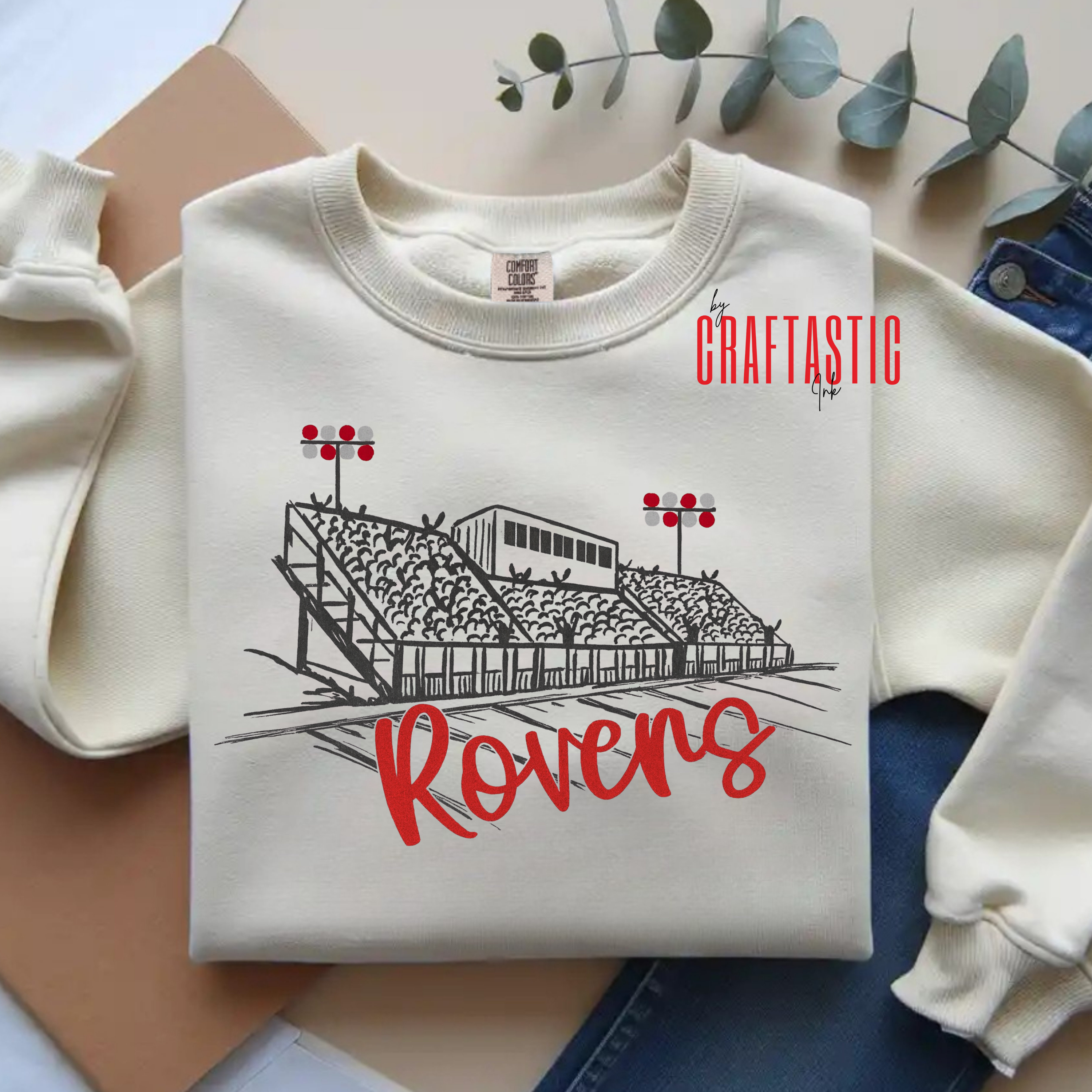 Rovers Stadium Spirit Wear Shirt in Red with Football Field Design