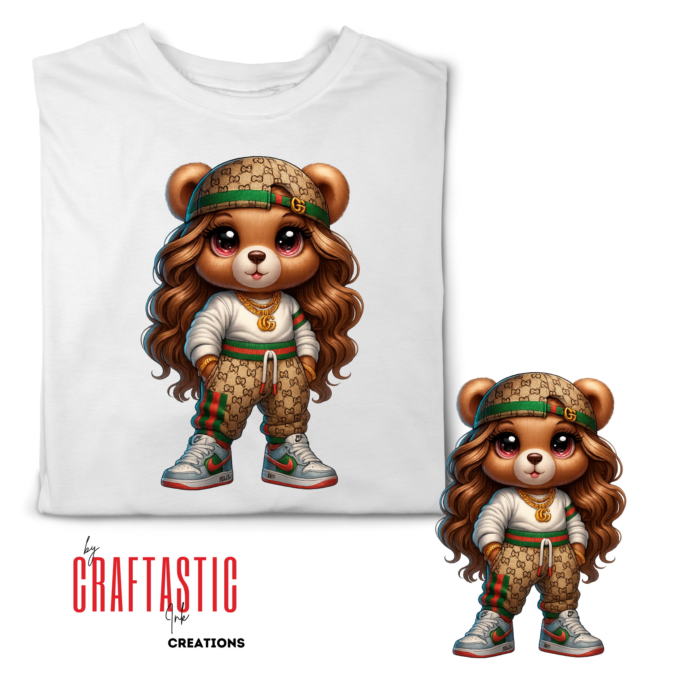 Stylish digital teddy bear in Gucci-inspired streetwear, wearing gold chains, monogram outfit, and Nike sneakers – print-ready PNG on transparent background.

