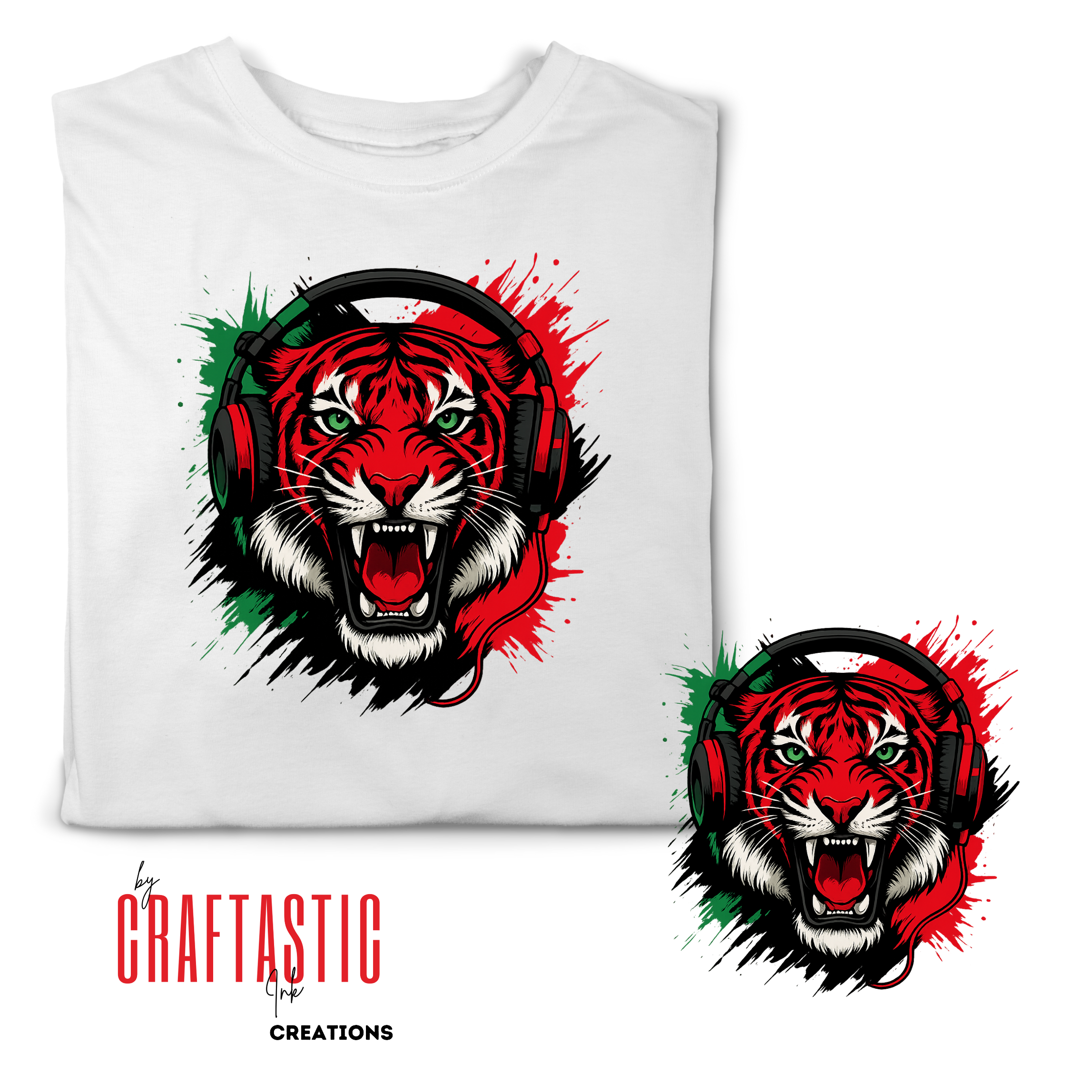 Roaring red tiger with headphones and Palestine flag colors splatter, Free Palestine themed PNG for t-shirts, DTF or sublimation print-ready