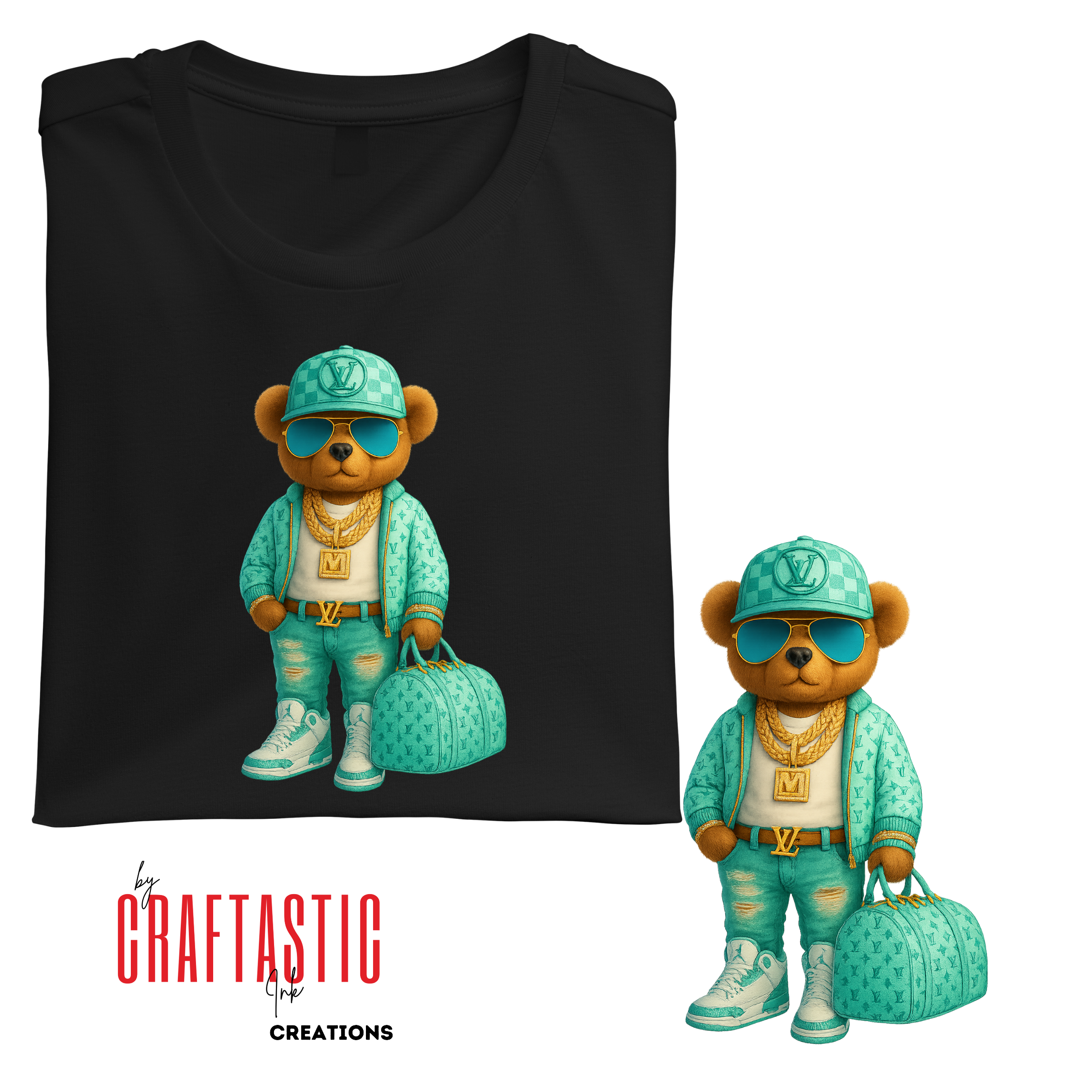 Full-body digital teddy bear wearing a turquoise Louis Vuitton-inspired outfit, gold chains, sunglasses, ripped jeans, Jordans, and carrying a matching duffle bag — transparent PNG for printing.

