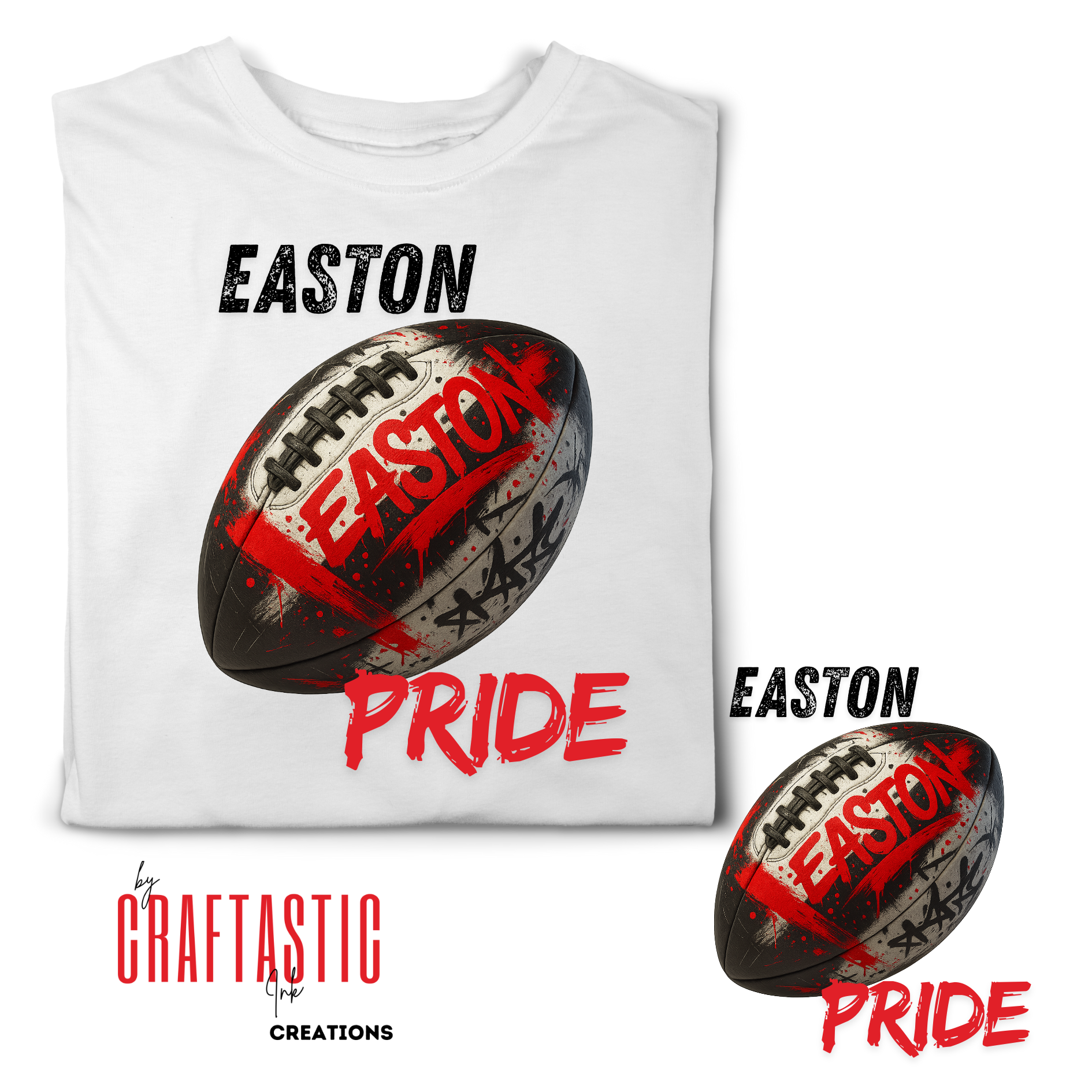 American football with graffiti tags and the word EASTON, in red, black and white, digital PNG for sublimation, urban street art sports design

