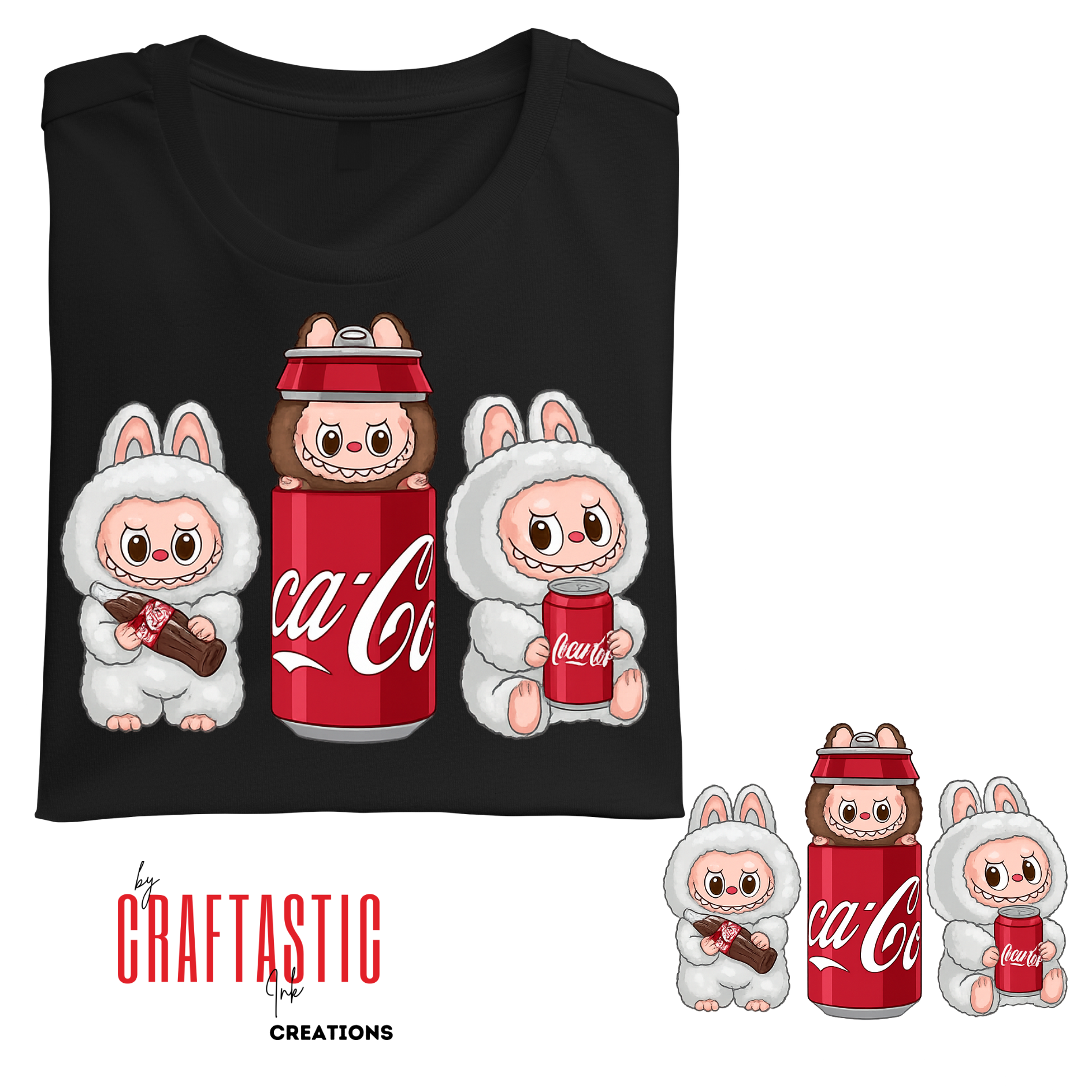 Labubu bunny characters in fluffy suits holding and sitting in soda bottles and cans, transparent PNG for sublimation or digital printing, 300 DPI.

