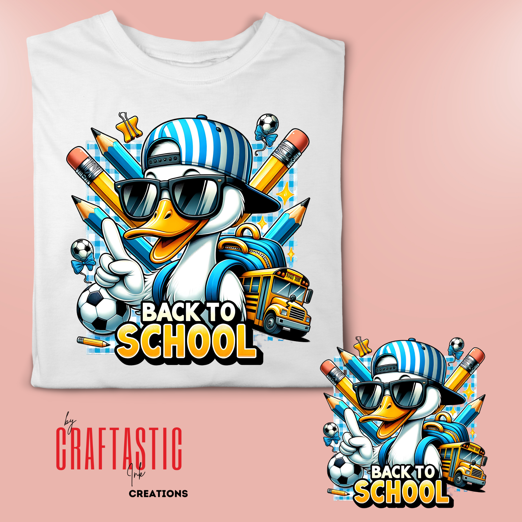 Cool cartoon duck wearing sunglasses and striped cap, holding up peace sign with 'Back to School' text, surrounded by school supplies, soccer balls, and a yellow school bus – kids shirt design by Craftastic Ink