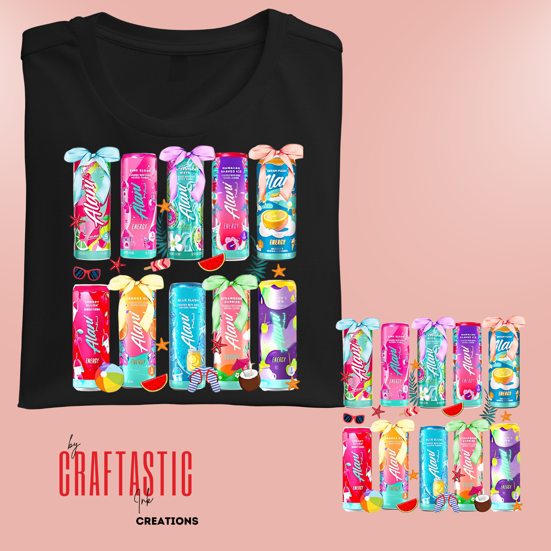 Alani Nu can t-shirt design with 12 colorful energy drink cans, pastel bows, tropical elements, and summer-themed graphics on black shirt mockup

