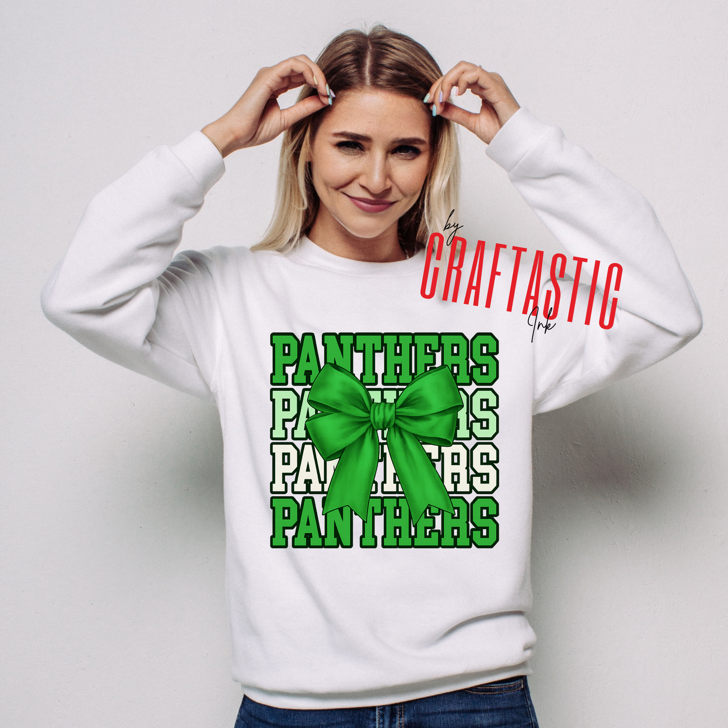 Custom Panthers Spirit Bow Sweatshirt in Green and White