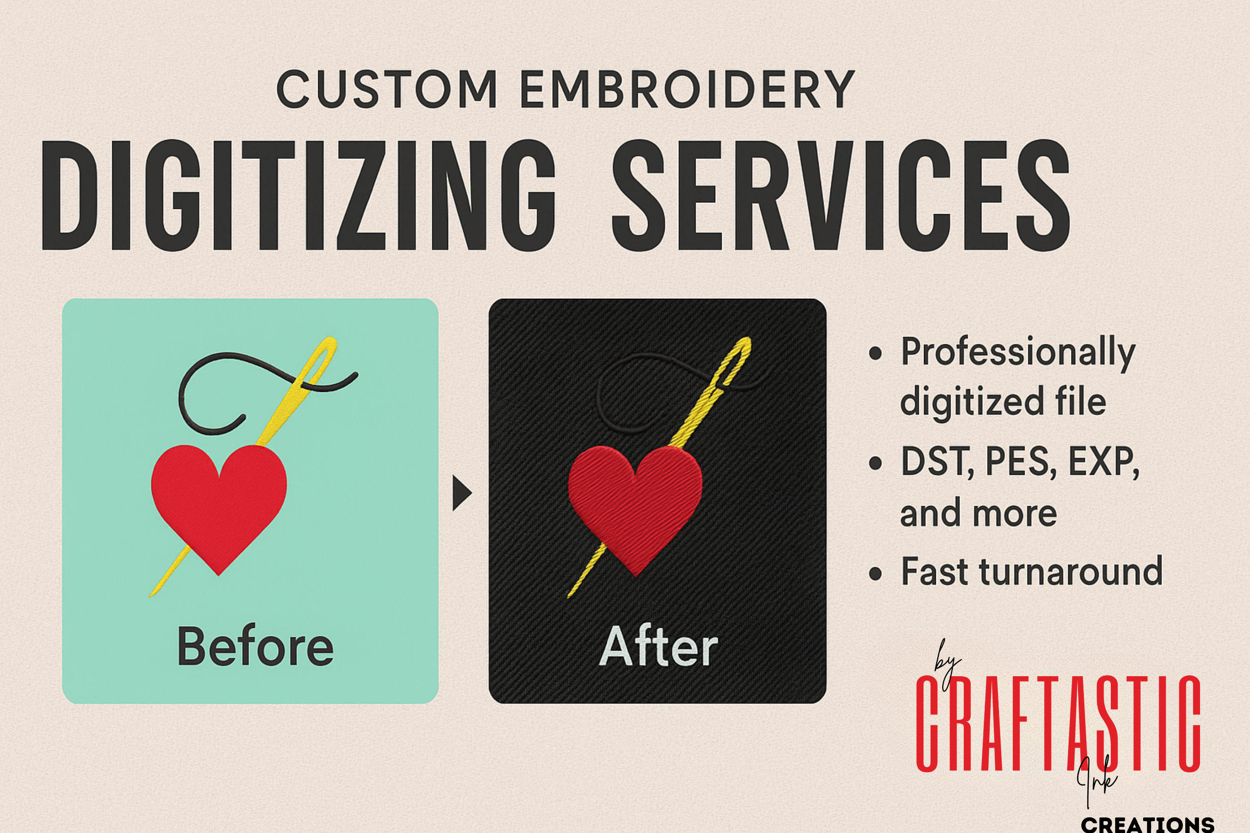 Embroidery digitizing service – convert design to DST, PES, EXP, and more formats for machine embroidery