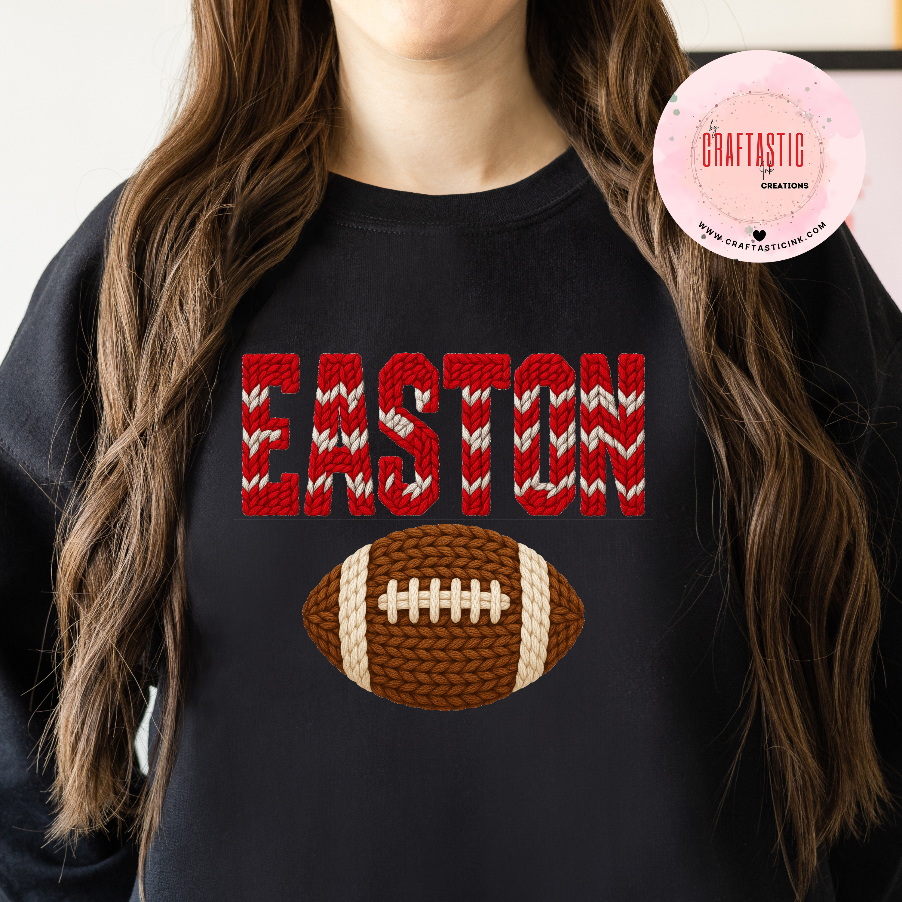“Custom Easton Football Knit Sweatshirt by Craftastic Ink Creations – personalized school spirit apparel” “Personalized school name football sweatshirt – red and white knit pattern” “Youth custom school spirit t-shirt with football design in team colors”