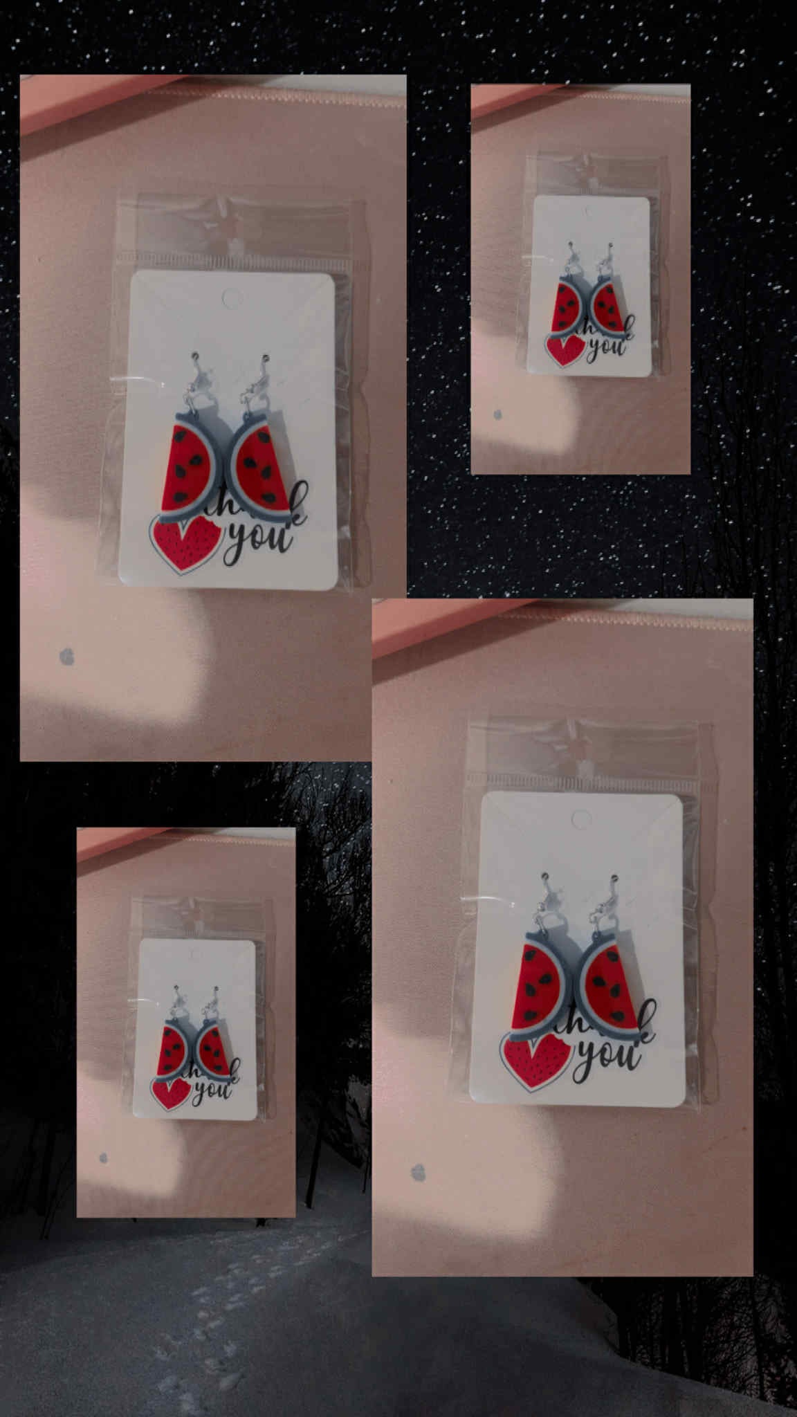 “Handmade watermelon slice dangle earrings with thank you card packaging.”

“Close-up of lightweight red and green watermelon earrings with hypoallergenic hooks.”

“Summer fruit-themed watermelon jewelry gift for her.”
