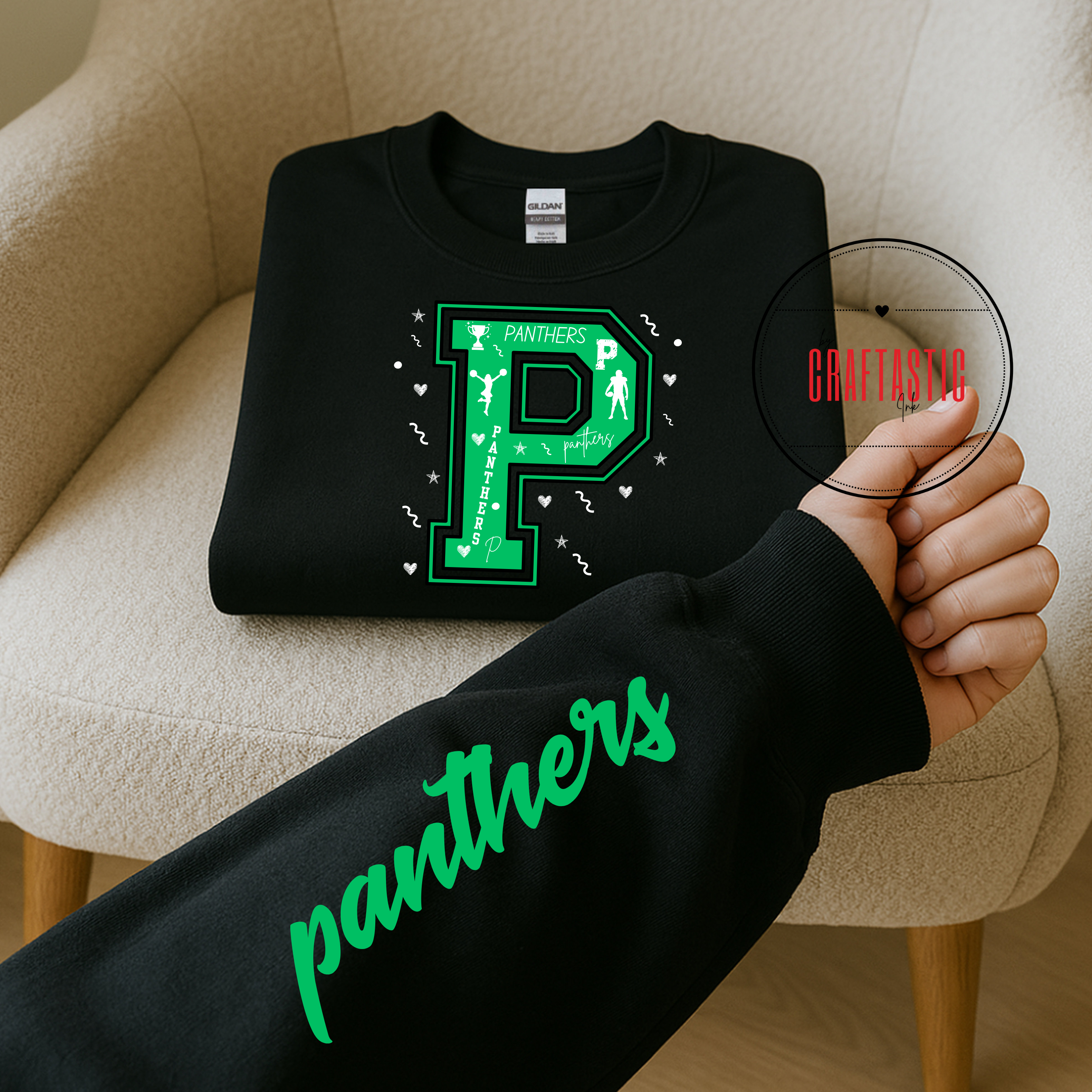Black Panthers varsity letter “P” sweatshirt with green graphics and matching sleeve print.